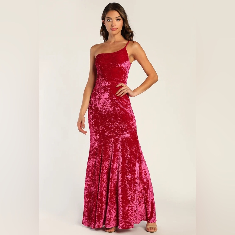 Hot Pink Crushed Velvet One-Shoulder Maxi Dress